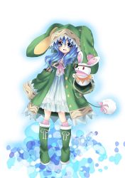 Rule 34 | 10s, 1girl, animal ears, animal hood, blue eyes, blue hair, boots, bow, rabbit, rabbit ears, coat, date a live, eyepatch, green footwear, hand puppet, highres, hood, long hair, looking at viewer, matching hair/eyes, open mouth, puppet, solo, stuffed animal, stuffed rabbit, stuffed toy, takusan, yoshino (date a live), yoshinon