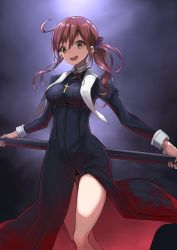 Rule 34 | 1girl, black dress, blush, breasts, brown eyes, brown hair, cross, cross necklace, dress, jewelry, large breasts, long hair, looking at viewer, low ponytail, melty blood, mole, mole under mouth, necklace, noel (tsukihime), open mouth, polearm, smile, spear, thighs, tsukihime, weapon, yuzuruka (bougainvillea)