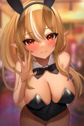 Rule 34 | 1girl, animal ears, bare shoulders, black bow, black bowtie, black leotard, blonde hair, blurry, blurry background, blush, bow, bowtie, breasts, cleavage, closed mouth, cowboy shot, dark elf, dark skin, detached collar, elf, fake animal ears, highres, hololive, large breasts, leaning forward, leotard, looking at viewer, mikumineko, multicolored hair, orange eyes, pantyhose, playboy bunny, pointy ears, rabbit ears, shiranui flare, smile, solo, streaked hair, thigh gap, virtual youtuber, waving