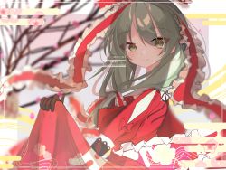 Rule 34 | 1girl, blurry, blurry foreground, brown gloves, cherry blossoms, clothes lift, depth of field, dress, dress lift, eyes visible through hair, frills, gloves, green hair, hair between eyes, hair ornament, hair ribbon, highres, kagiyama hina, lifting own clothes, long hair, looking at viewer, ribbon, shion 343, smile, solo, touhou, upper body