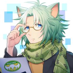 Rule 34 | 1boy, animal ears, black jacket, blue background, blue eyes, glasses, green hair, green scarf, jacket, kusuka (show by rock!!), light blue background, long sleeves, male focus, mel6969, multicolored background, scarf, shirt, short hair, show by rock!!, skunk boy, skunk ears, solo, white background, yellow-framed eyewear, yellow shirt