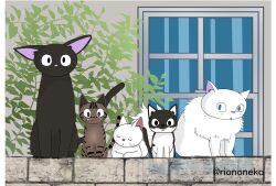 Rule 34 | artist name, black cat, branch, cat, highres, jiji (majo no takkyuubin), lily (majo no takkyuubin), looking at viewer, majo no takkyuubin, no humans, riononeko, stone wall, white cat, window