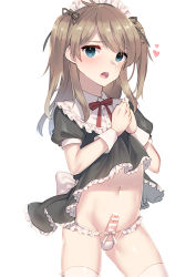 Rule 34 | 1boy, akagi kurage, bar censor, black dress, blue eyes, blush, bow, bow panties, brown hair, censored, clothes lift, dress, dress lift, erection, frilled dress, frills, heart, highres, lifting own clothes, looking at viewer, maid, male focus, open mouth, original, panties, penis, puffy short sleeves, puffy sleeves, red ribbon, ribbon, short sleeves, solo, swept bangs, thighhighs, trap, two side up, underwear, white background, white panties, white thighhighs, wrist cuffs