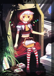 Rule 34 | 1girl, adapted costume, ascot, basket, blonde hair, cake, coffin, embodiment of scarlet devil, female focus, flandre scarlet, flower, food, highres, hood, lamase (41), midriff, red eyes, rose, short hair, sitting, solo, striped clothes, striped thighhighs, thighhighs, touhou, wings