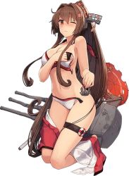 Rule 34 | 10s, 1girl, anchor, bikini, blush, breasts, brown eyes, brown hair, cherry blossoms, cleavage, covering privates, covering breasts, female focus, flower, full body, hair between eyes, hair flower, hair ornament, headgear, kantai collection, kneeling, large breasts, long hair, looking at viewer, machinery, matching hair/eyes, navel, official art, oil-paper umbrella, one eye closed, ponytail, shizuma yoshinori, solo, swimsuit, thigh strap, torn bikini, torn clothes, transparent background, turret, umbrella, very long hair, yamato (kancolle)