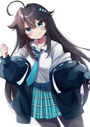 Rule 34 | &gt;:), 1girl, ahoge, black hair, black jacket, black pantyhose, blue eyes, blue necktie, blue skirt, blush, breasts, closed mouth, collared shirt, drawstring, hair between eyes, hair flaps, hair ornament, hand up, highres, jacket, long hair, long sleeves, looking at viewer, minami saki, necktie, nijisanji, off shoulder, open clothes, open jacket, pantyhose, plaid, plaid skirt, pleated skirt, puffy long sleeves, puffy sleeves, ribbon-trimmed hood, ribbon trim, shirt, simple background, skirt, sleeves past wrists, small breasts, smile, solo, sorahoshi kirame, v-shaped eyebrows, very long hair, virtual youtuber, white background, white shirt