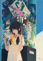 Rule 34 | 1girl, artist name, barcode, barcode tattoo, black hair, blue background, blue flower, bracelet, brown eyes, closed mouth, commentary request, dated, display case, dress, flower, hands up, highres, holding, holding flower, jewelry, leaf, long hair, looking at flowers, original, pink flower, plant, purple flower, red flower, short sleeves, smile, solo, tattoo, twintails, upper body, white dress, white flower, xilmo, yellow flower