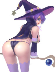 Rule 34 | 10s, 1girl, ass, bent over, bikini, bikini warriors, black bikini, breasts, butt crack, cape, detached sleeves, from behind, hat, herrries, highres, large breasts, looking at viewer, looking back, mage (bikini warriors), open mouth, purple eyes, purple hair, short hair, solo, staff, strap gap, sweatdrop, swimsuit, thighhighs, wavy mouth, white background, white thighhighs, witch hat