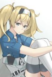 Rule 34 | 1girl, belt, blonde hair, blue eyes, blue shirt, boots, breast pocket, breasts, buttons, closed mouth, collared shirt, commentary, gambier bay (kancolle), gradient background, hair between eyes, hairband, kantai collection, large breasts, lowres, multicolored clothes, negahami, pocket, shirt, short sleeves, shorts, solo, tearing up, tears, thigh boots, thighhighs, twintails