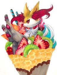 Rule 34 | 1girl, animal ear fluff, animal ears, animal hands, animal nose, black fur, body fur, braixen, closed mouth, creatures (company), crepe, dessert, feet, female focus, food, food focus, fox ears, fox girl, fox tail, from side, fruit, furry, furry female, game freak, gen 6 pokemon, grapes, hand up, happy, highres, ice cream, in food, kiwi (fruit), kiwi slice, legs up, looking at viewer, mango, marker (medium), mofuo, nintendo, oversized food, oversized object, pawpads, pokemon, pokemon (creature), raspberry, simple background, smile, snout, solo, stick, strawberry, tail, traditional media, wafer stick, white background, white fur, yellow fur