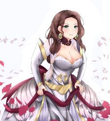 Rule 34 | 1girl, absurdres, breasts, brown hair, cleavage, dorothea arnault, dress, earrings, fire emblem, fire emblem: three houses, green eyes, highres, jewelry, large breasts, long hair, nintendo, solo