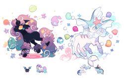 Rule 34 | blue eyes, charamells, cosmog, creature, creatures (company), closed eyes, flower, full body, fusion, galarian form, galarian ponyta, game freak, gen 1 pokemon, gen 7 pokemon, gen 8 pokemon, horns, legendary pokemon, looking at viewer, multiple fusions, nintendo, no humans, octopus, pokemon, pokemon (creature), primarina, seashell, shell, simple background, single horn, standing, unicorn, vaporeon, walking, white background, yellow eyes