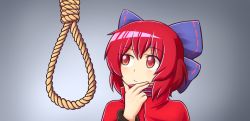 Rule 34 | 1girl, blue bow, bow, derivative work, gradient background, grey background, hair bow, hair ribbon, hand on own chin, man looking at noose (meme), meme, noose, photo-referenced, portrait, red eyes, red hair, ribbon, rope, sekibanki, short hair, simple background, solo, stroking own chin, thinking, touhou, wool (miwol)