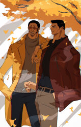 Rule 34 | 2boys, alternate costume, autumn, autumn leaves, black hair, black shirt, borsalino (kizaru), casual, cigarette, coat, collared shirt, cowboy shot, facial hair, grey sweater, hand in pocket, hand on another&#039;s shoulder, highres, holding, holding cigarette, honesty 1114, jacket, jewelry, lying, male focus, mature male, multiple boys, nail polish, neck tattoo, on stomach, one piece, open clothes, open jacket, orange-tinted eyewear, outdoors, red jacket, red nails, ring, sakazuki (akainu), shirt, short hair, smoke, stubble, sunglasses, sweater, tattoo, tinted eyewear, watch, wristwatch, yellow coat