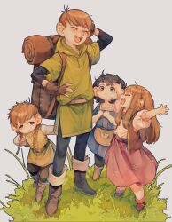 Rule 34 | 1boy, 3girls, :d, ^ ^, arm behind head, backpack, bag, black hair, black sleeves, braid, brown hair, chilchuck tims, closed eyes, dungeon meshi, family, full body, fullertom (dungeon meshi), grass, green tunic, grey background, halfling, long hair, long sleeves, looking at another, mayjack (dungeon meshi), medium hair, multiple girls, open mouth, packpatty (dungeon meshi), ruoliang, short hair, short sleeves, smile, twin braids