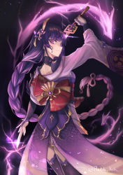Rule 34 | 1girl, absurdres, black background, braid, breasts, bridal gauntlets, closed mouth, flower, genshin impact, hair ornament, highres, holding, holding sword, holding weapon, japanese clothes, kimono, light particles, long hair, long sleeves, looking at viewer, mitsudomoe (shape), mole, mole under eye, purple eyes, purple flower, purple hair, radishkek, raiden shogun, sash, simple background, solo, sword, thighhighs, tomoe (symbol), weapon, wide sleeves