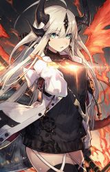 Rule 34 | 1girl, ahoge, arknights, armband, black gloves, black sweater, black thighhighs, blonde hair, blue eyes, breasts, coat, commentary, cowboy shot, dragon horns, dragon tail, english commentary, fang, fiery wings, fire, floral print, gloves, glowing, hair between eyes, hand in own hair, highres, holding, holding weapon, horns, long hair, looking at viewer, medium breasts, mephisto (angraecum), open clothes, open coat, open mouth, polearm, reed (arknights), ribbed sweater, rose print, solo, spear, straight hair, sweater, tail, thighhighs, thighs, turtleneck, turtleneck sweater, weapon, white coat, wings