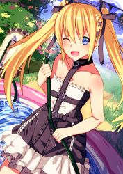 Rule 34 | 1girl, ;), bare shoulders, blonde hair, blue eyes, chair, dead or alive, dead or alive 5, flat chest, frills, gothic lolita, hair ribbon, highres, lolita fashion, long hair, marie rose, nishisan (mikurosu), one eye closed, ribbon, smile, solo, twintails
