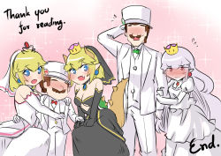 Rule 34 | 2boys, 3girls, alternate costume, arm hug, bare shoulders, black dress, black gloves, black wedding dress, blonde hair, blue eyes, blush, bouquet, bow, bowsette, bowtie, breasts, bridal veil, cleavage, cleavage cutout, clothing cutout, comic, crown, crying, crying with eyes open, dress, earrings, elbow gloves, embarrassed, english text, fang, flower, flying sweatdrops, formal, full-face blush, gloves, good end, hat, height difference, horns, husband and wife, husband and wives, jewelry, large breasts, light purple hair, long hair, looking at viewer, looking back, luigi, luigi&#039;s mansion, mario, mario (series), multiple boys, multiple girls, new super mario bros. u deluxe, nintendo, nose blush, pointy ears, polygamy, ponytail, princess king boo, princess peach, princess peach (wedding), sesield, short hair, shy, smile, strapless, strapless dress, streaming tears, suit, super crown, super mario odyssey, tears, top hat, underboob, veil, very long hair, wedding dress, white dress, white gloves, white suit