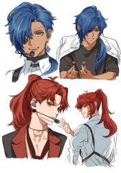 Rule 34 | 2boys, alternate costume, antenna hair, asymmetrical bangs, asymmetrical hair, belt collar, black jacket, black necktie, black shirt, blue eyes, blue hair, choker, collar, collarbone, collared shirt, commentary request, dark skin, diluc (genshin impact), double finger heart, earrings, eyepatch, finger heart, genshin impact, grin, hair intakes, hair over one eye, hair over shoulder, hand up, headset, high ponytail, highres, jacket, jewelry, kaeya (genshin impact), korean commentary, lapels, long hair, long sleeves, looking at viewer, looking to the side, low ponytail, male focus, multicolored clothes, multicolored jacket, multiple boys, multiple views, necktie, open clothes, open jacket, open mouth, parted bangs, parted lips, pectoral cleavage, pectorals, pendant choker, red eyes, red jacket, serious, shirt, short hair with long locks, short sleeves, shy, sidelocks, sideways glance, simple background, single earring, single hair intake, skinwhen, smile, star-shaped pupils, star (symbol), symbol-shaped pupils, teeth, waving, white background, white shirt