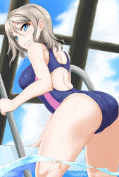 Rule 34 | 1girl, ass, back, blue eyes, blue one-piece swimsuit, breasts, character name, commentary request, competition school swimsuit, competition swimsuit, cowboy shot, day, from behind, from side, grey hair, hair between eyes, highres, indoors, legs apart, looking at viewer, looking back, love live!, love live! sunshine!!, medium breasts, one-piece swimsuit, oshiruko kizoku, parted lips, pool, pool ladder, poolside, rei no pool, school swimsuit, shiny skin, short hair, smile, solo, standing, swimsuit, teeth, thighs, wading, watanabe you, water, wet, wet hair