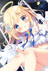 Rule 34 | 1girl, bare shoulders, blonde hair, blue bow, blue eyes, blush, bow, breasts, cleavage, commentary request, dutch angle, feathered wings, gloves, hair ornament, hair rings, halo, hands up, long hair, looking at viewer, medium breasts, original, pan (mimi), parted lips, sitting, solo, star (symbol), star hair ornament, swing, two side up, white gloves, white wings, wings