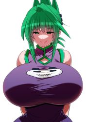 Rule 34 | 1girl, alternate breast size, arms behind back, breasts, china dress, chinese clothes, clothing cutout, dress, green eyes, green hair, huge breasts, perepere-kun, shaman king, short hair, smile, solo, tao jun, tight clothes, tight dress, white background