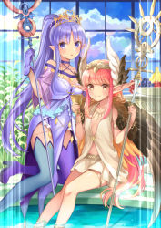 Rule 34 | 2girls, :o, anklet, apple, aqua footwear, armlet, asymmetrical footwear, aunt and niece, banana, bare shoulders, blue sky, boots, bracelet, breasts, brown eyes, brown wings, chalice, choker, circe (fate), cleavage, closed mouth, cloud, cloudy sky, collarbone, commentary request, cup, day, dress, fate/grand order, fate (series), feathered wings, food, fruit, gloves, grapes, hair ornament, hair scrunchie, halterneck, head wings, higeneko, high heel boots, high heels, high ponytail, highres, holding, holding cup, holding staff, indoors, jewelry, kneeling, lens flare, long hair, looking at viewer, medea (lily) (fate), mismatched footwear, multiple girls, navel, necklace, off-shoulder dress, off shoulder, pelvic curtain, pink hair, pixiv fate/grand order contest 2, plant, plate, pointy ears, ponytail, purple choker, purple dress, purple eyes, purple footwear, purple gloves, purple hair, purple scrunchie, revision, scrunchie, see-through, shirt, sidelocks, sitting, skirt, sky, sleeveless, sleeveless shirt, small breasts, smile, soaking feet, staff, thigh boots, thighhighs, thighlet, tiara, very long hair, water, white shirt, white skirt, window, wings