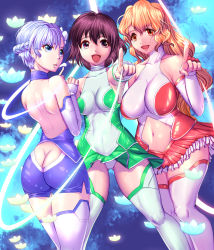 Rule 34 | 10s, 3girls, ass, backless outfit, bare shoulders, blonde hair, blue hair, breasts, brown eyes, brown hair, butt crack, clothing cutout, fin e ld si laffinty, girl sandwich, harihisa, kyouno madoka, large breasts, long hair, muginami, multiple girls, navel, navel cutout, panties, pointing, rinne no lagrange, sandwiched, shiny clothes, short hair, smile, thick thighs, thighs, underwear, white legwear, white panties