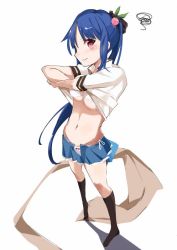 Rule 34 | 1girl, adapted costume, angry, black socks, blue hair, blush, bow, bow panties, bra, breasts, clothes lift, food, food-themed hair ornament, fruit, full body, fume, hair ornament, hair ribbon, hinanawi tenshi, long hair, looking at viewer, miniskirt, navel, open clothes, open skirt, panties, pantiesfume, peach, peach hair ornament, pleated skirt, purple eyes, ribbon, shirt lift, short sleeves, side-tie panties, skirt, small breasts, socks, solo, standing, tetsurou (fe+), touhou, underwear, undressing, very long hair, white background, white bra, white panties