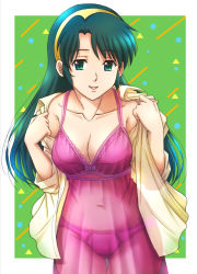 Rule 34 | 1girl, bra, breasts, chemise, cleavage, collarbone, commentary request, cowboy shot, crotch seam, dress shirt, frilled bra, frilled panties, frills, fujii satoshi, gluteal fold, green background, green eyes, green hair, lingerie, long hair, looking at viewer, medium breasts, navel, no pants, open clothes, open mouth, open shirt, opened by self, outside border, panties, pink bra, pink chemise, pink panties, see-through, shirt, shoko (super real mahjong), smile, solo, standing, super real mahjong, thigh gap, thighs, underwear, undressing, white shirt