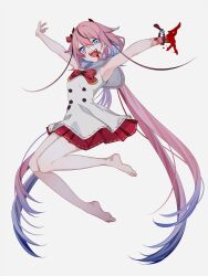 Rule 34 | 1girl, armpits, arms up, barefoot, bead bracelet, beads, black hair, blood, blood on face, blood on hands, blue eyes, blue hair, bow, bowtie, bracelet, commentary, crazy smile, dress, fang, full body, gradient hair, hair bow, hair flaps, highres, horns, jewelry, long hair, looking at viewer, meika hime, midair, multicolored hair, open mouth, pink hair, raised eyebrows, red bow, red bowtie, red skirt, sailor collar, short dress, skirt, sleeveless, sleeveless dress, smile, solo, star-shaped pupils, star (symbol), streaked hair, symbol-shaped pupils, very long hair, vocaloid, white dress, white sailor collar, yodare (3yami8)