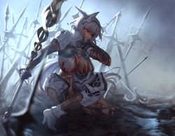 Rule 34 | 1girl, absurdres, animal ears, armor, bad id, bad pixiv id, battlefield, black gloves, blood, blood on breasts, blood on face, caenis (fate), dark-skinned female, dark skin, elbow gloves, fate/grand order, fate (series), gi gi gi, gloves, glowing, glowing eyes, hairband, halberd, headpiece, highres, holding, holding weapon, huge filesize, long hair, on one knee, one eye closed, polearm, ponytail, red eyes, silver hair, smile, solo, spear, sword, weapon
