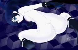 Rule 34 | 10s, 1girl, 2014, arm behind back, ass, back, black gloves, black hair, black rock shooter, black rock shooter (character), black socks, blue eyes, boots, breasts, cube, dated, dimples of venus, dutch angle, female focus, from behind, gloves, highres, knee boots, kneehighs, kneeling, long hair, long image, looking at viewer, looking back, nipples, no pussy, nude, outstretched arm, pale skin, profile, reaching, ringed eyes, serious, signature, small breasts, socks, solo, spread legs, tall image, text focus, traced, twintails