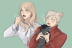 Rule 34 | 1boy, 1girl, :d, animal, animal ears, animalization, arm up, bad id, bad twitter id, black cat, blonde hair, blouse, brother and sister, cat, cat boy, cat ears, clenched hand, eyes visible through hair, furrowed brow, green eyes, grey hair, grin, haiba arisa, haiba lev, haikyuu!!, holding, holding animal, holding cat, jacket, kuroo tetsurou, long hair, long sleeves, open mouth, shirt, short hair, siblings, simple background, smile, soojaeng, teeth, tongue, track jacket, upper body, white shirt