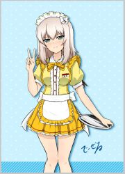 Rule 34 | 10s, 1girl, apron, blue eyes, coco&#039;s, diesel-turbo, dress, employee uniform, facing viewer, frilled apron, frilled dress, frills, girls und panzer, itsumi erika, looking at viewer, maid headdress, short hair, signature, silver hair, smile, solo, tray, uniform, v, waitress
