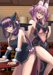 Rule 34 | 2girls, animal ear fluff, animal ears, bamboo steamer, bare shoulders, bell, black dress, black gloves, blue eyes, blush, breasts, center opening, china dress, chinese clothes, cleavage, detached sleeves, double bun, dress, fate/grand order, fate (series), fox ears, fox girl, fox tail, glasses, gloves, hair between eyes, hair bun, hair ornament, highres, jingle bell, koyanskaya (chinese lostbelt outfit) (fate), koyanskaya (fate), ksfactory, large breasts, leaf hair ornament, long hair, looking at viewer, multiple girls, open mouth, pink hair, purple hair, side slit, sidelocks, sleeveless, sleeveless dress, smile, table, tail, tamamo (fate), tassel, thighs, tray, twintails, underboob, very long hair, wash cloth, wiping table, yang guifei (fate), yang guifei (second ascension) (fate), yellow eyes