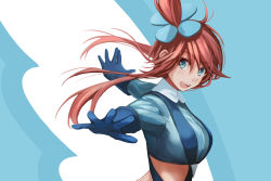 Rule 34 | 1girl, :d, blue eyes, blue gloves, breasts, brown hair, creatures (company), crop top, floating hair, from side, game freak, gloves, hair between eyes, large breasts, long hair, looking at viewer, medium breasts, nintendo, one side up, open mouth, pokemon, pokemon bw, redpoke, skyla (pokemon), smile, solo, upper body