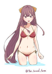 Rule 34 | 1girl, absurdres, alternate costume, bikini, bow, breasts, collarbone, hair bow, highres, kamikaze (kancolle), kantai collection, long hair, looking at viewer, medium breasts, open mouth, purple eyes, purple hair, red bikini, side-tie bikini bottom, solo, string bikini, swimsuit, the second form, very long hair, wading, yellow bow