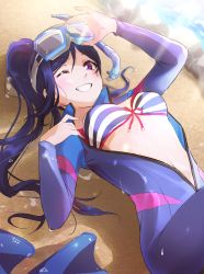 Rule 34 | 1girl, absurdres, bikini, birthday, blue hair, blush, bodysuit, breasts, commentary, diving mask, diving suit, fuyuu310, goggles, goggles on head, grin, high ponytail, highres, long hair, love live!, love live! sunshine!!, lying, matsuura kanan, medium breasts, on back, one eye closed, open bodysuit, open clothes, ponytail, sidelocks, smile, solo, striped bikini, striped clothes, swimsuit, wetsuit