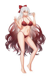 Rule 34 | 1girl, bare arms, bare legs, bare shoulders, barefoot, bikini, bow, breasts, cellphone, cleavage, collarbone, commission, full body, gradient hair, grin, hair bow, halterneck, hands up, highres, holding, holding phone, large breasts, long hair, multicolored hair, navel, one eye closed, original, phone, red bikini, red eyes, red hair, simple background, smartphone, smile, solo, standing, stomach, string bikini, swimsuit, thighs, v, very long hair, wavy hair, white background, white hair, yareen