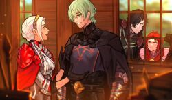 2boys 2girls angry blush braid byleth_(fire_emblem) byleth_(male)_(enlightened)_(fire_emblem) byleth_(male)_(fire_emblem) cape edelgard_von_hresvelg fire_emblem fire_emblem:_three_houses fire_emblem_warriors:_three_hopes green_hair grin highres hubert_von_vestra long_hair monica_von_ochs multiple_boys multiple_girls nintendo official_alternate_costume official_alternate_hairstyle open_mouth peeking purple_eyes red_cape red_hair sethkiel smile talking white_hair