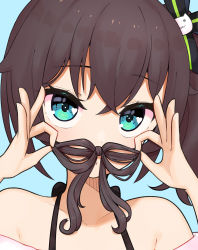 Rule 34 | 1girl, absurdres, bare shoulders, black hair, blue background, blue eyes, blush, cat hair ornament, closed mouth, collarbone, commentary request, fake facial hair, fake mustache, hair between eyes, hair ornament, heart, heart in eye, highres, hololive, long hair, looking at viewer, lunch boxer, natsuiro matsuri, off-shoulder shirt, off shoulder, pink shirt, shirt, side ponytail, simple background, solo, symbol in eye, upper body, virtual youtuber