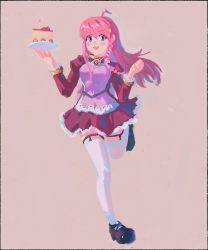 Rule 34 | 1girl, :d, absurdres, ahoge, black footwear, blue eyes, blush, braid, cake, cake slice, drawfag, food, full body, hair ornament, hand up, highres, long hair, nono (top wo nerae 2!), open mouth, pink hair, red skirt, running, shoes, sidelocks, simple background, skirt, smile, solo, thighhighs, top wo nerae 2!, white thighhighs
