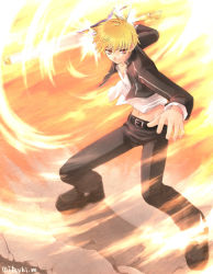 Rule 34 | 00s, 1boy, blonde hair, casual, drill, fate/stay night, fate (series), fighting stance, gilgamesh (fate), male focus, official alternate costume, ready to draw, signature, smile, solo