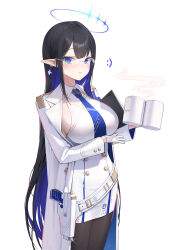Rule 34 | 1girl, absurdres, black hair, black pantyhose, blue archive, blue eyes, blue hair, blue halo, blue necktie, blush, breasts, coat, colored inner hair, cowboy shot, cup, dong ji, glasses, gloves, halo, highres, holding, holding cup, large breasts, long hair, long sleeves, looking at viewer, multicolored hair, necktie, open clothes, open coat, open mouth, pantyhose, pointy ears, rin (blue archive), sideboob, simple background, smile, solo, white background, white coat, white gloves
