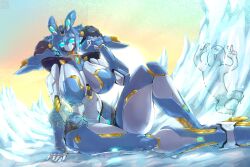 Rule 34 | 1girl, blue sclera, blue skin, breasts, colored sclera, colored skin, female focus, full body, glacias (last origin), highres, huge breasts, ice, last origin, levanshousa913, looking at viewer, no humans, robot, robot girl, sitting, solo, sunset, thick thighs, thighs