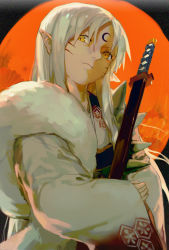 Rule 34 | 1boy, closed mouth, forehead mark, inuyasha, long hair, looking at viewer, male focus, par., pointy ears, sesshoumaru, slit pupils, solo, straight hair, sword, tagme, traditional clothes, weapon, white hair