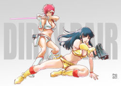 Rule 34 | 2girls, arm support, asymmetrical gloves, beam saber, black hair, blue eyes, boots, bracelet, breasts, cleavage, crop top, dirty pair, fingerless gloves, floating hair, gloves, gradient background, grey background, gun, headband, holding, holding gun, holding sword, holding weapon, holster, jewelry, kei (dirty pair), long hair, looking at viewer, medium breasts, micro shorts, midriff, multiple girls, navel, open mouth, pink eyes, pink hair, retro artstyle, short hair, shorts, single glove, stance, stomach, sword, teikoku jokyoku, uneven gloves, weapon, white footwear, white gloves, white headband, white shorts, yellow footwear, yellow gloves, yellow shorts, yuri (dirty pair)