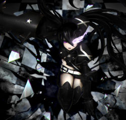 Rule 34 | 10s, 1girl, armor, belt, black hair, black rock shooter, black shorts, checkered floor, from above, glass shards, glowing, glowing eye, hair between eyes, highres, insane black rock shooter, kinoshita ringo (kagamine-ren02), long hair, looking at viewer, open mouth, purple eyes, short shorts, shorts, solo, star (symbol), twintails, very long hair